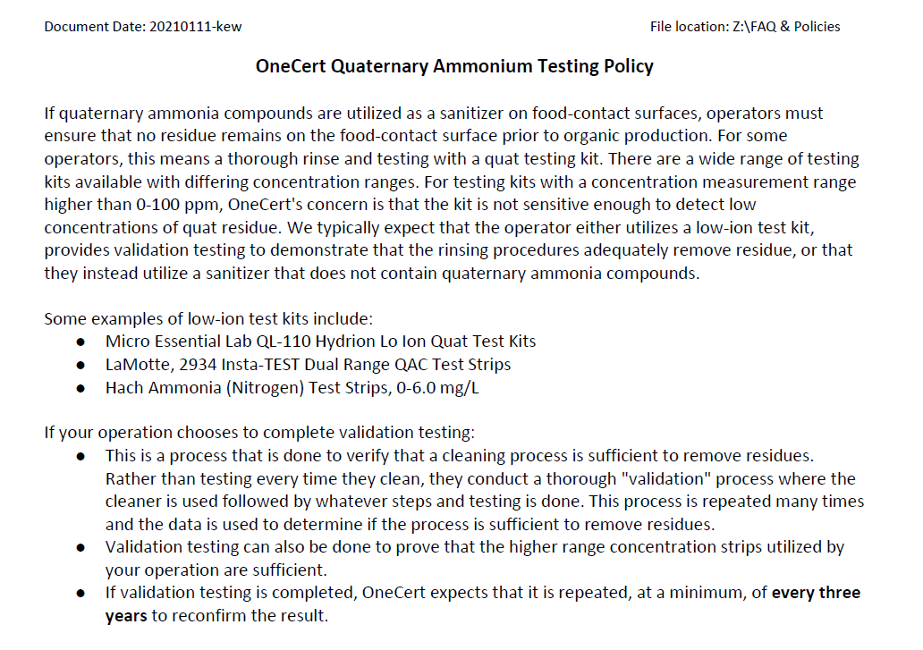 OneCert Quat Use & Testing Policy