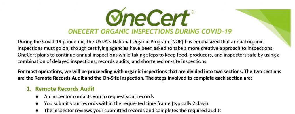 Quick Guide for OneCert Organic Inspections During Covid-19